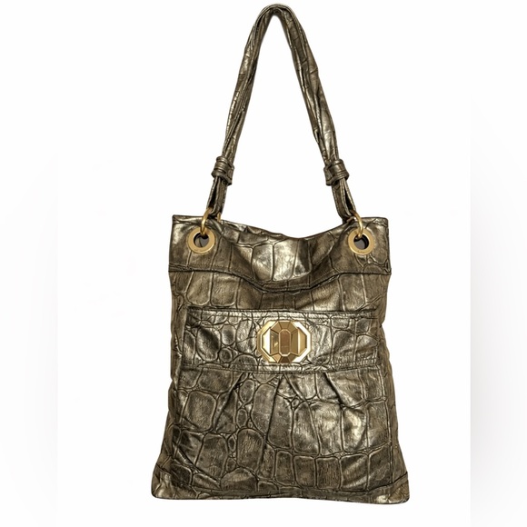 B. Makowsky Metallic Croc Embossed Leather Shoulder Bag Gold Hardware